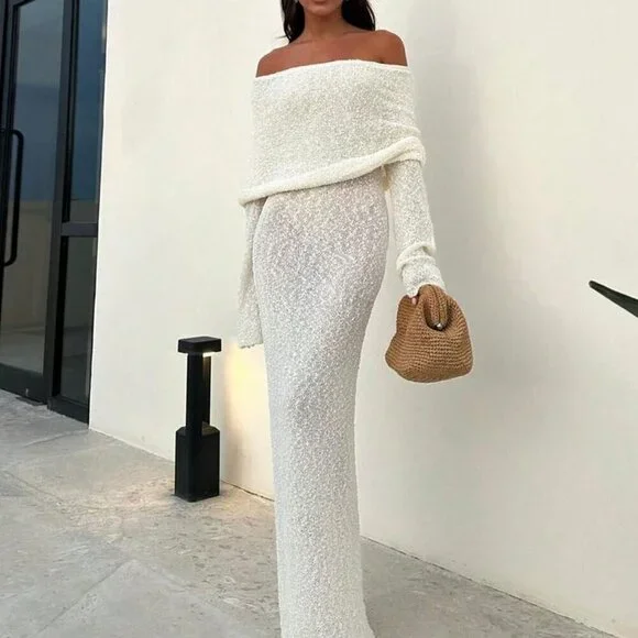 Sexy Women's Beach Vacation Style Plain Semi-Sheer off shoulder maxi Dress - Picture 5 of 10